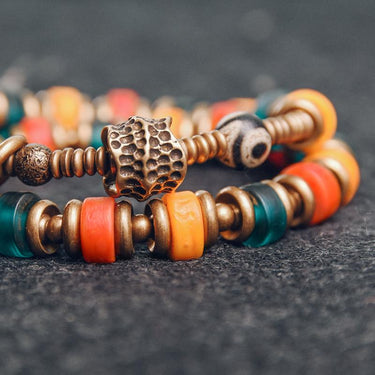 Hand made Murano Glass Chakra Beads, Hand Beaten Copper & Tibetan Dzi Bead Bracelet